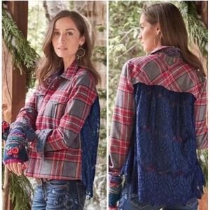 sundance‎ Plaid Wool Blend Shirt Jacket Navy Lace Back Boho
